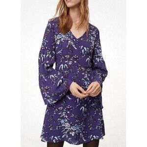 Ann Taylor LOFT Purple Floral Long Bell Sleeve V Neck Dress Size 2 Petite